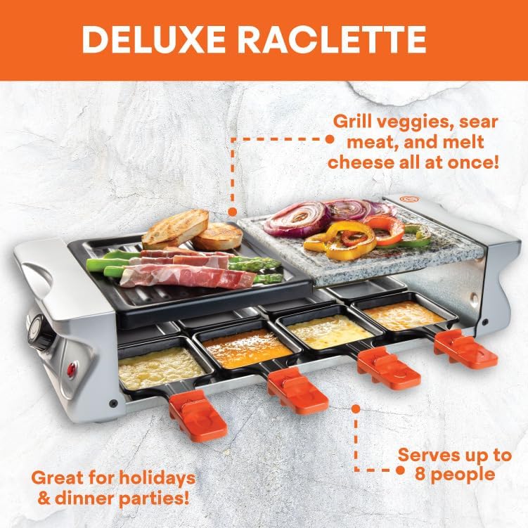 Master Chef Electric Raclette Table Grill w Non-Stick Grilling Plate & Cooking Stone- 8 Person Tabletop Cooker for Indoor, Smokeless Korean BBQ-Melt Cheese, Cook Meat & Veggies, Apps-19" x 8" Xmas Gift - Image 2