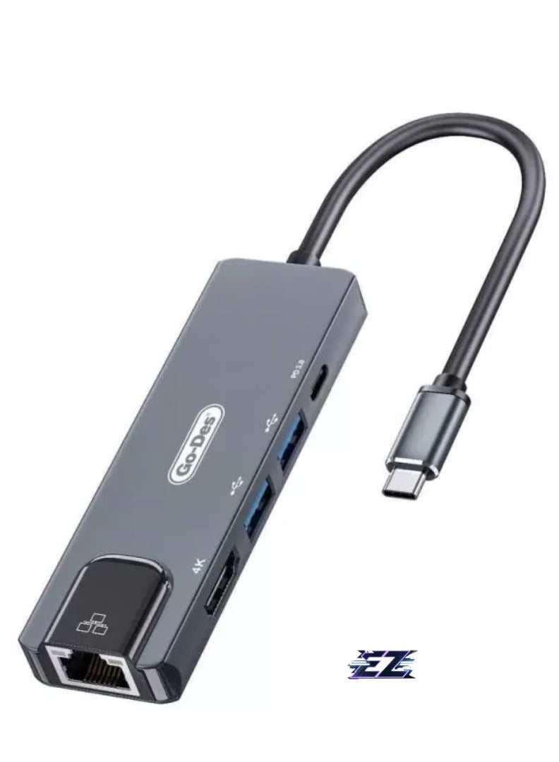 ELTRAZONE Type-C to HDTV 5-in-1 Converter Adapter – Gigabit Ethernet, 2 USB 3.0 Ports, 4K HDMI Output, USB-C PD Charging, Plug & Play for Laptops and MacBooks - Image 1