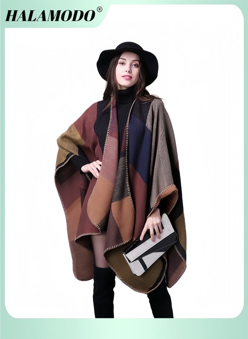 هالامودو شال نسائي دافئ مفتوح من الأمام طويل مع وشاح من الصوف بنمط كتل الألوان، شالات كبيرة الحجم كاجوال في الخريف والشتاء - Image 1