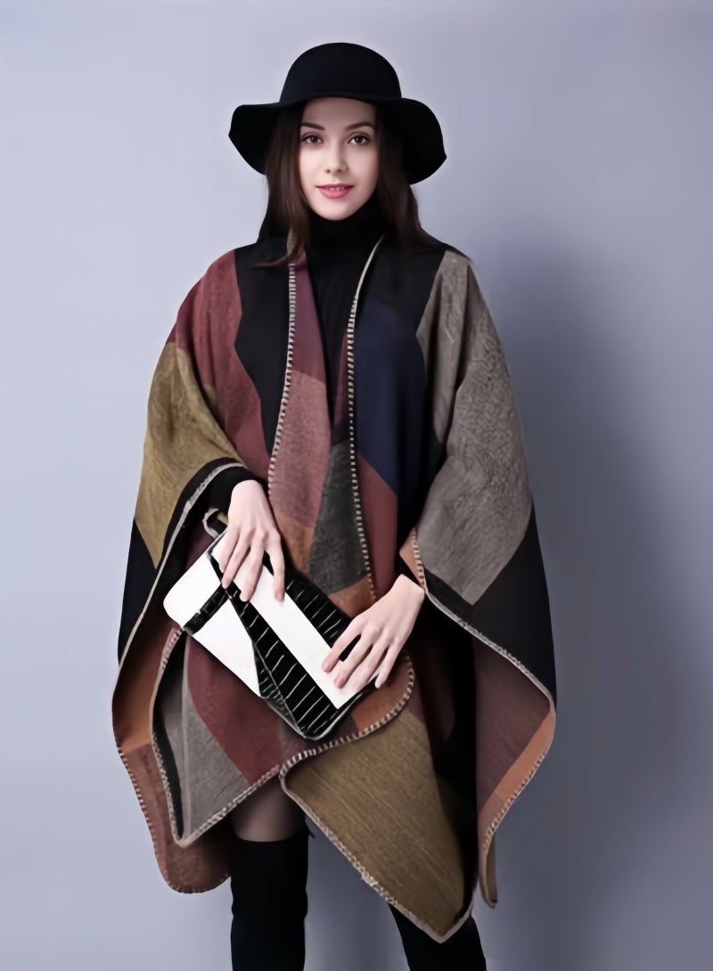 هالامودو شال نسائي دافئ مفتوح من الأمام طويل مع وشاح من الصوف بنمط كتل الألوان، شالات كبيرة الحجم كاجوال في الخريف والشتاء - Image 2