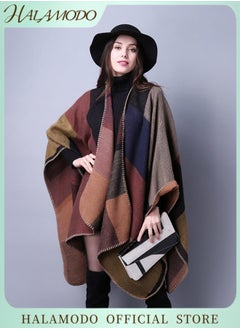 Women's Warm Shawl Wrap Open Front Long Poncho Cape with Color Block Pattern Cardigan Wrap Printed Ponchos Oversized Casual Shawls in Fall Winter