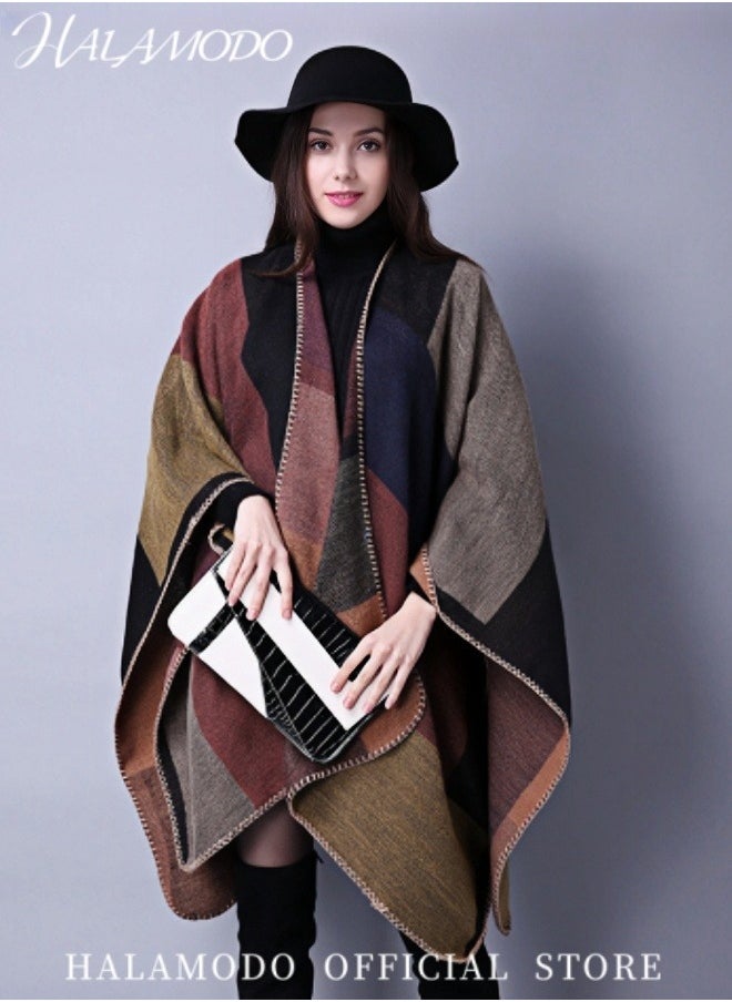 HALAMODO - Women's Warm Shawl Wrap Open Front Long Poncho Cape with Color Block Pattern Cardigan Wrap Printed Ponchos Oversized Casual Shawls in Fall Winter - Image 1