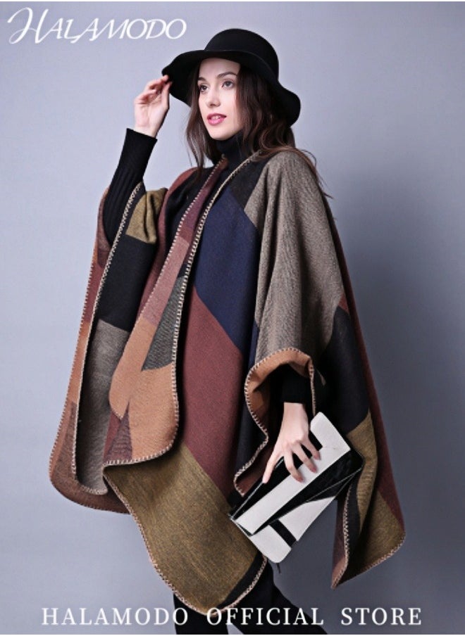 HALAMODO - Women's Warm Shawl Wrap Open Front Long Poncho Cape with Color Block Pattern Cardigan Wrap Printed Ponchos Oversized Casual Shawls in Fall Winter - Image 1
