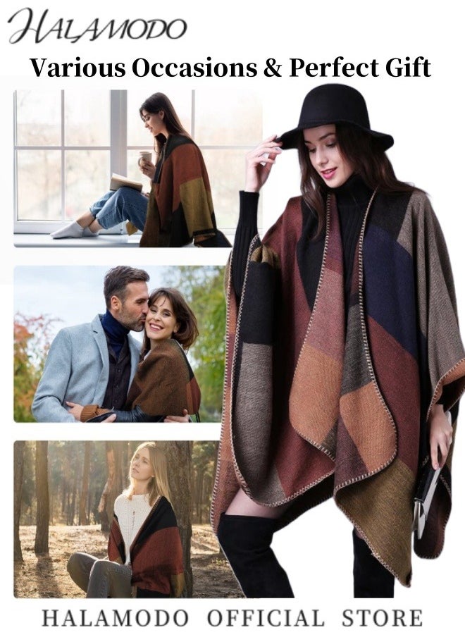 HALAMODO - Women's Warm Shawl Wrap Open Front Long Poncho Cape with Color Block Pattern Cardigan Wrap Printed Ponchos Oversized Casual Shawls in Fall Winter - Image 1