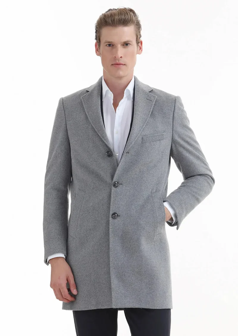 RAMSEY Grey Regular Fit Butterfly Collar Classical Weaving Overcoat