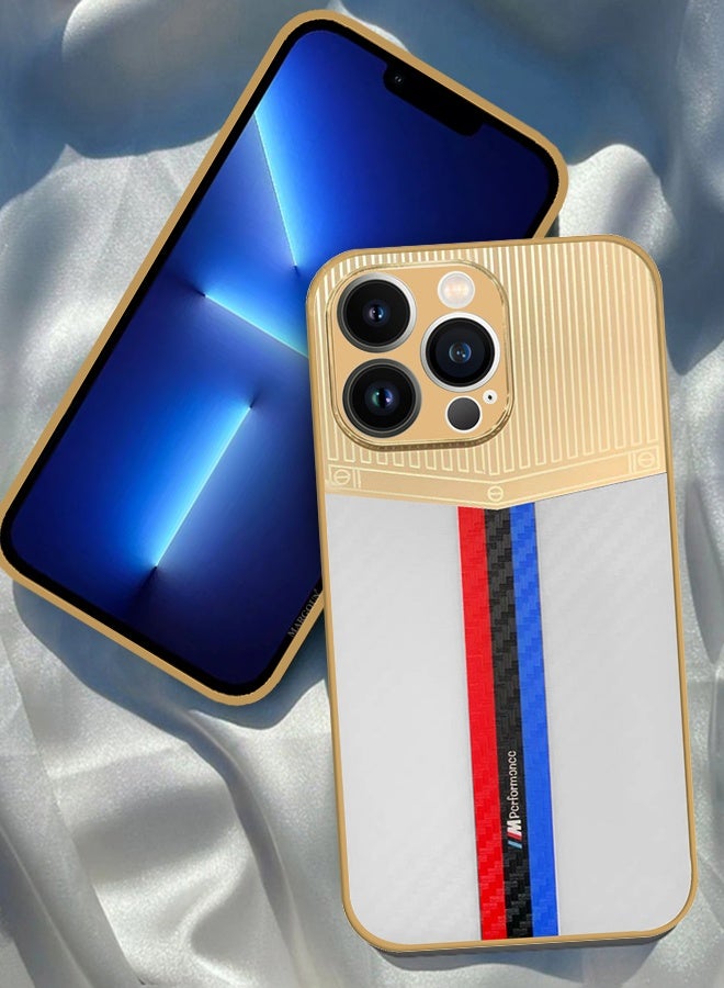 CATANES Luxury Gold Plated Case for iPhone 13 Pro - Hybrid Electroplated Frame Back Cover with Carbon Fiber Texture - Racing Stripe Pattern White - Image 3