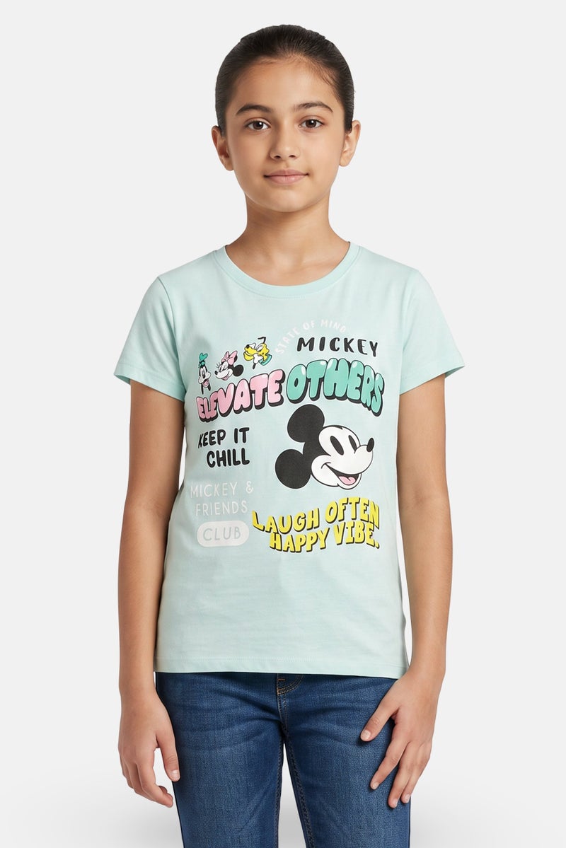 Disney Kids Girl Crew Neck Short Sleeve Mickey And Friends Print T-Shirt, Mint - Image 1
