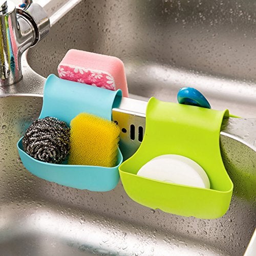 FineGood 2 Pack Sponge Holder for Double-Sink, FineGood Saddle Caddy Brush Soap Organizer Storage Kitchen Bathroom Plastic Basket - Blue, Green - Image 3