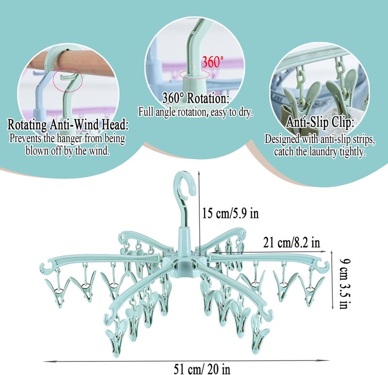 BONYCUST Foldable Drying Rack with 24 Clips for Drying Socks Lingerie Baby Clothes Drying Towels Rotatable Sock Drying Rack 2pcs (Green) - Image 2