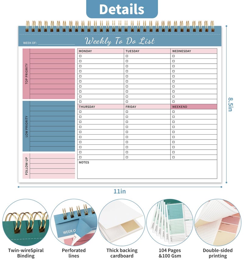 ALKALO 104 Pgs Weekly To Do List Notepad, 52 Duplex-Printed Undated Sheets 100 GSM（8.5"×11") Weekly Desk Planner For Work Home School Office Desk Accessories Supplies & Goal Setting Tasks - Blue - Image 3
