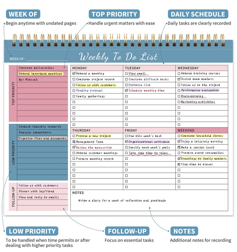 ALKALO 104 Pgs Weekly To Do List Notepad, 52 Duplex-Printed Undated Sheets 100 GSM（8.5"×11") Weekly Desk Planner For Work Home School Office Desk Accessories Supplies & Goal Setting Tasks - Blue - Image 2
