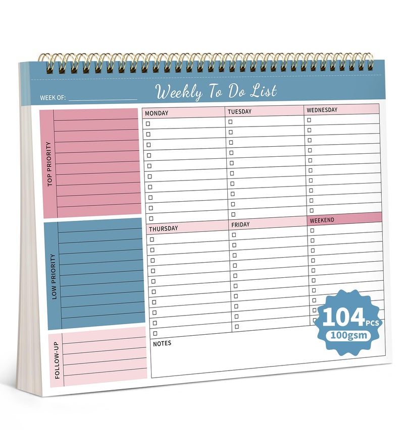 ALKALO 104 Pgs Weekly To Do List Notepad, 52 Duplex-Printed Undated Sheets 100 GSM（8.5"×11") Weekly Desk Planner For Work Home School Office Desk Accessories Supplies & Goal Setting Tasks - Blue - Image 1
