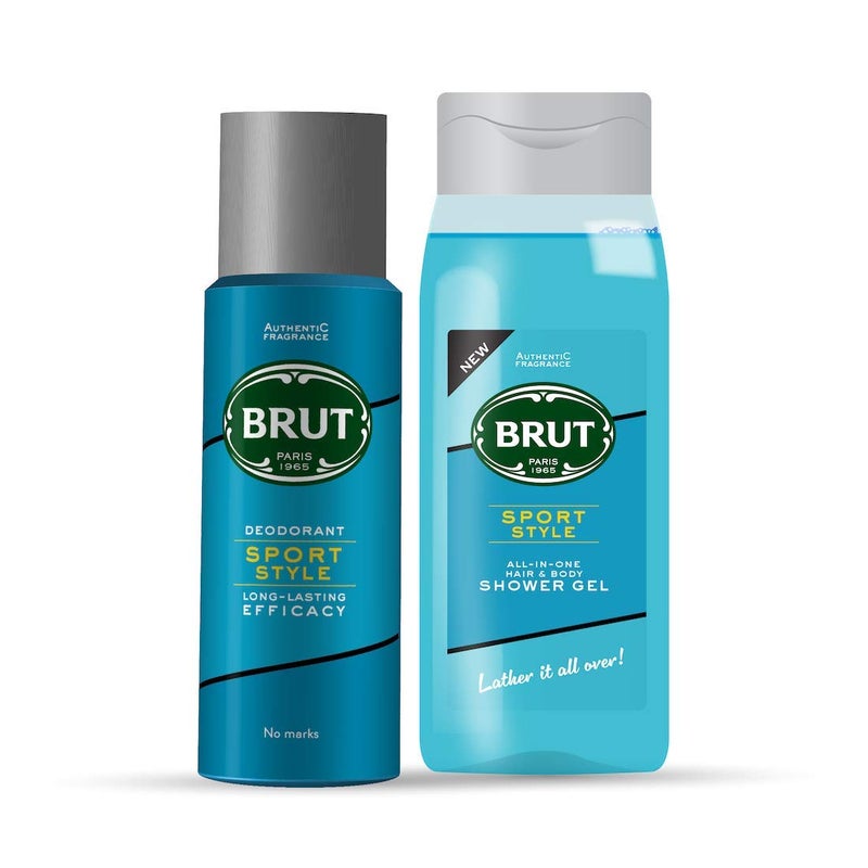 Brut Sport Style Deodorant, 200 ml + Sport Style All In One Hair & Body Shower Gel For Men, 500 ml
