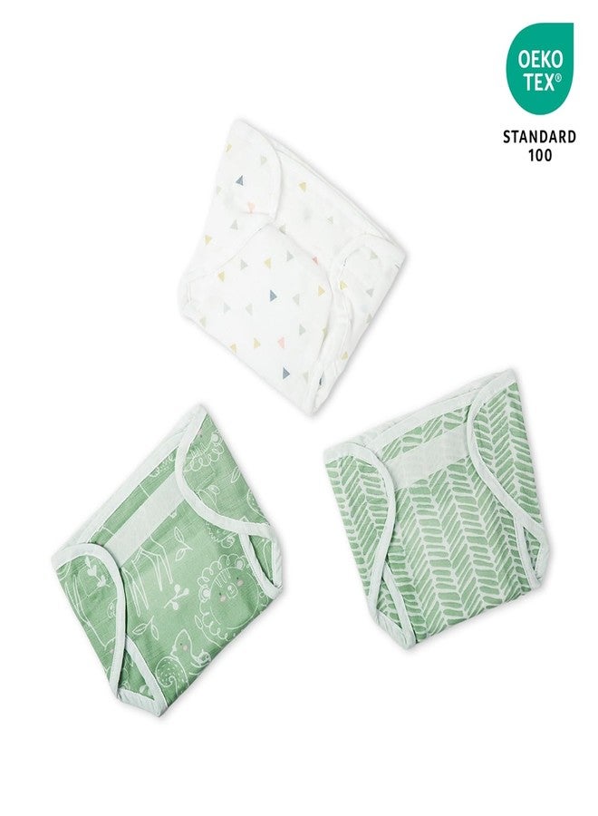 Haus & Kinder Newborn Baby Muslin Nappies - Pack Of 3 | 0-6 Months, Multicolor, Soft & Reusable Cloth Diapers with Absorbent Towelling Layer, 100% Cotton - Cottage Core Inspired Design - Image 2