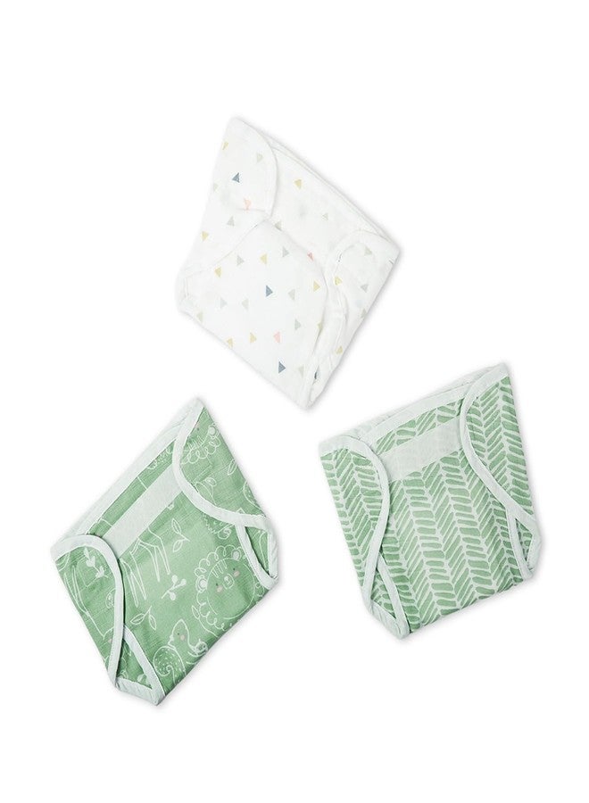 Haus & Kinder Newborn Baby Muslin Nappies - Pack Of 3 | 0-6 Months, Multicolor, Soft & Reusable Cloth Diapers with Absorbent Towelling Layer, 100% Cotton - Cottage Core Inspired Design - Image 1