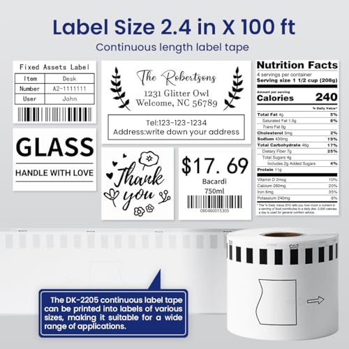 Label KINGDOM DK2205 Compatible with Brother Ql820nwb Label 62mm x 3048m 237 x 100 Continuous Length White Paper Roll for QL 800 QL600 Printers 6 Rolls 1 Refillable Cartridge - Image 3