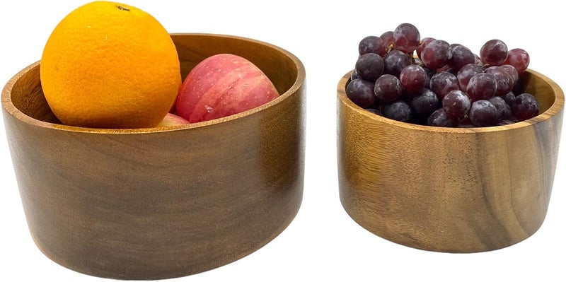 WRIGHTMART Round Wood Serving Bowl Set of 2 Durable Solid Acacia Wooden Bowls for Food Condiment Storage Salad Snack Nuts Bread Popcorn Cylindrical Hand Turned Bowl Size 8 x 4  6 x 35 - Image 3