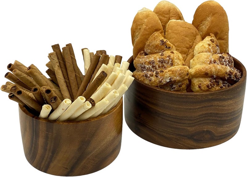 WRIGHTMART Round Wood Serving Bowl Set of 2 Durable Solid Acacia Wooden Bowls for Food Condiment Storage Salad Snack Nuts Bread Popcorn Cylindrical Hand Turned Bowl Size 8 x 4  6 x 35 - Image 1