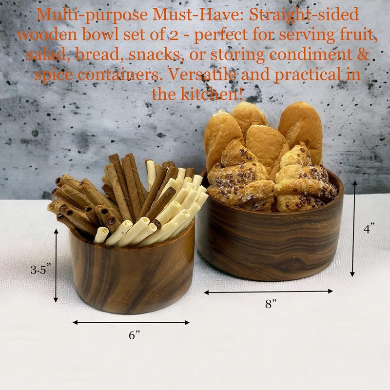 WRIGHTMART Round Wood Serving Bowl Set of 2 Durable Solid Acacia Wooden Bowls for Food Condiment Storage Salad Snack Nuts Bread Popcorn Cylindrical Hand Turned Bowl Size 8 x 4  6 x 35 - Image 4