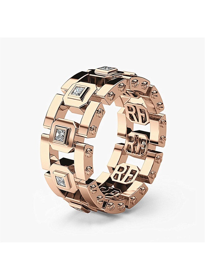 KUYING Personalized Block Chain Ring  Men's Geometric Cutting  Rose Gold Inlaid With Diamonds
