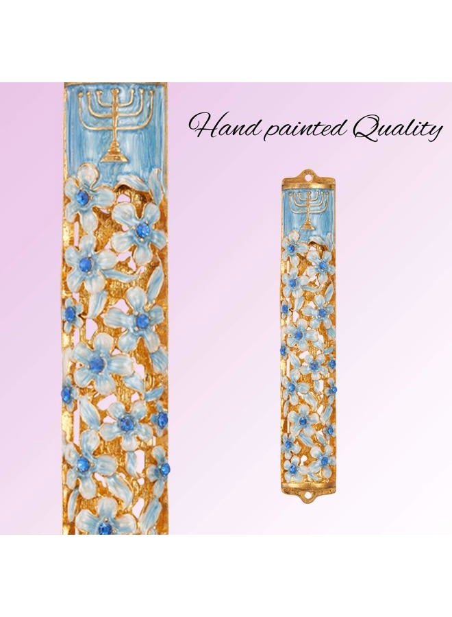 matashi Hand Painted Blue and Ivory Enamel Flower Mezuzah Embellished with Gold Accents and Menorah Design Crystals Home Door Wall Decor Housewarming Present Gift for Festival(5.5 inch) - Image 4