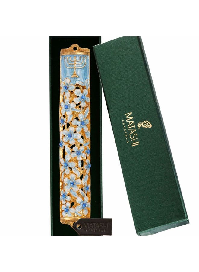 matashi Hand Painted Blue and Ivory Enamel Flower Mezuzah Embellished with Gold Accents and Menorah Design Crystals Home Door Wall Decor Housewarming Present Gift for Festival(5.5 inch) - Image 2