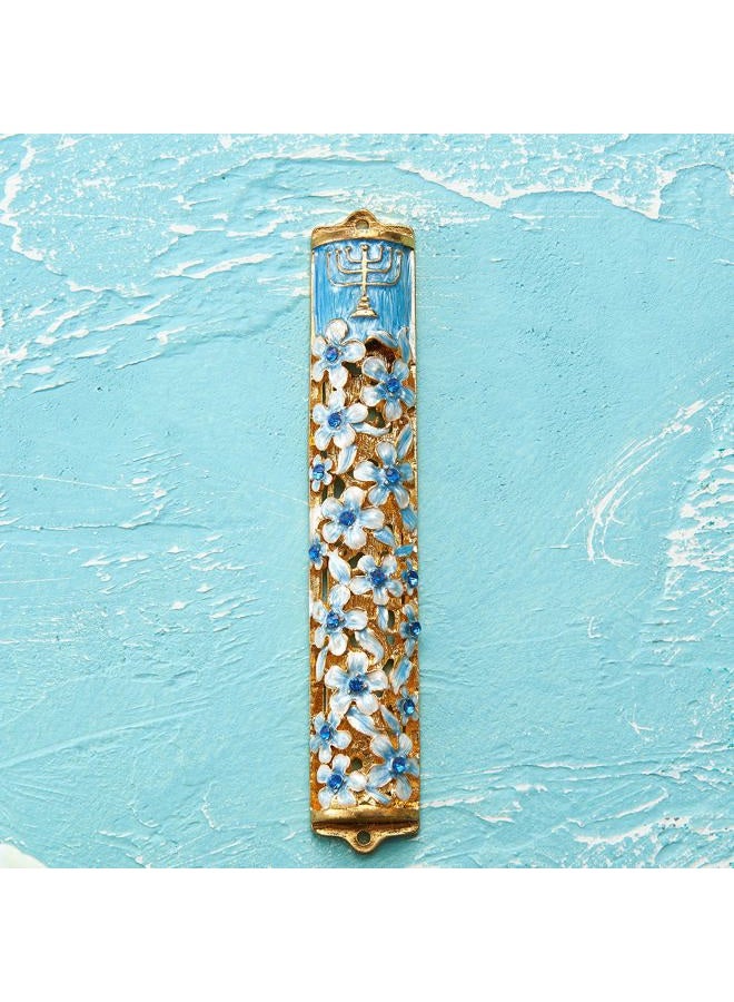 matashi Hand Painted Blue and Ivory Enamel Flower Mezuzah Embellished with Gold Accents and Menorah Design Crystals Home Door Wall Decor Housewarming Present Gift for Festival(5.5 inch) - Image 3