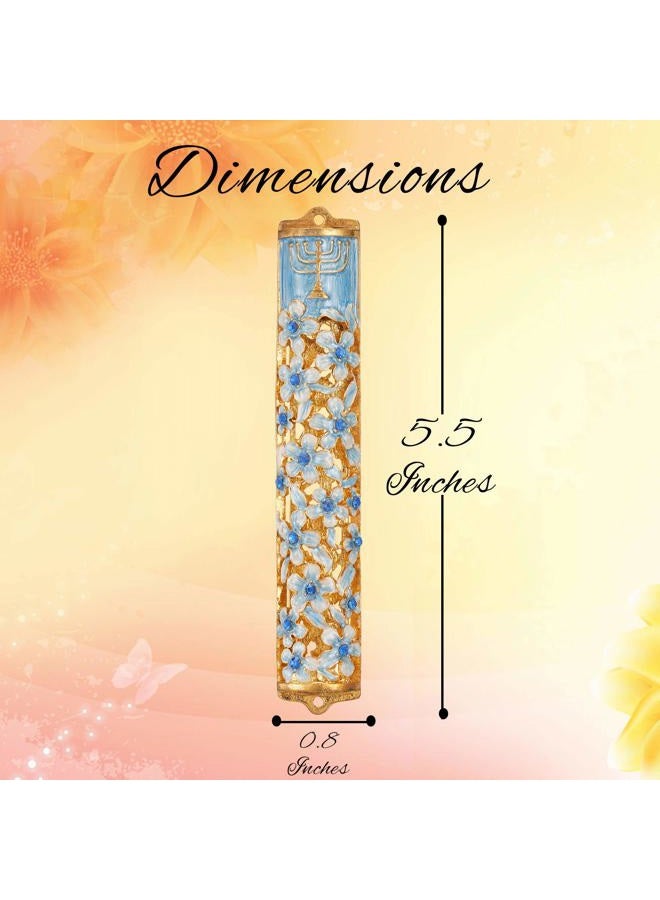 matashi Hand Painted Blue and Ivory Enamel Flower Mezuzah Embellished with Gold Accents and Menorah Design Crystals Home Door Wall Decor Housewarming Present Gift for Festival(5.5 inch) - Image 5