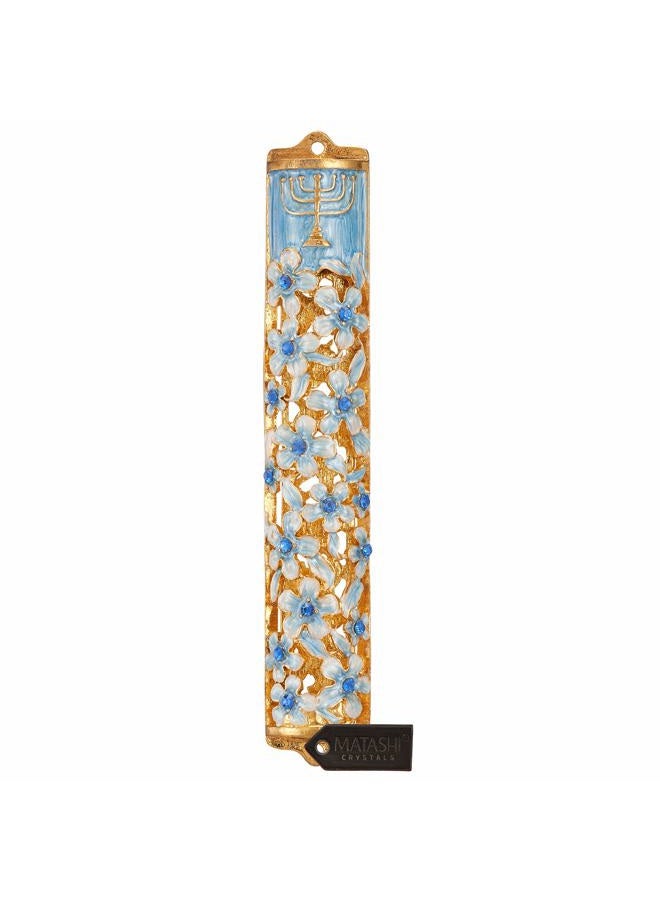 matashi Hand Painted Blue and Ivory Enamel Flower Mezuzah Embellished with Gold Accents and Menorah Design Crystals Home Door Wall Decor Housewarming Present Gift for Festival(5.5 inch) - Image 1
