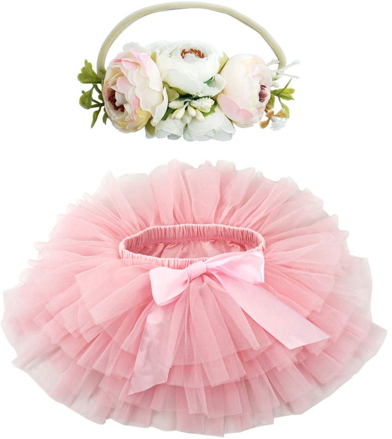 BGFKS Baby Girls Soft Fluffy Tutu Skirt with Diaper Cover,Toddler Girl Tutu Skirt Sets with Flower Headband.(Pink,0-3 Months) - Image 1