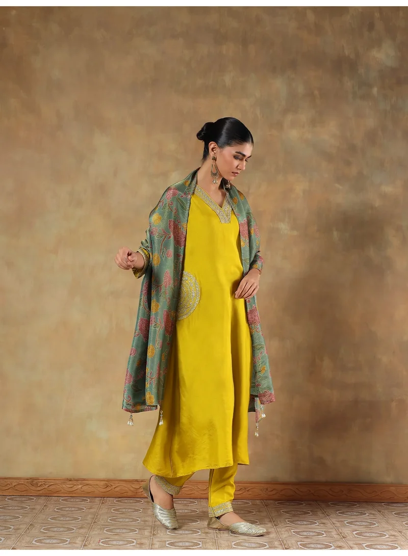 Priya’s Panache Mustard Yellow Mustard Shimmer Silk Embroidered Anarkali Kurta Set for Women with Dupatta – Indian Festive Wear for Women | Best Price UAE