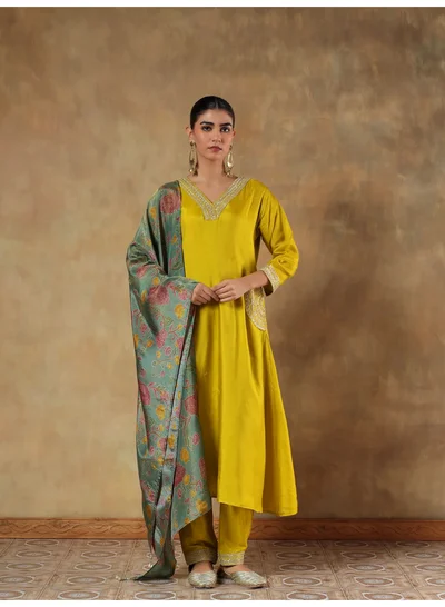 PRIYA’S PANACHE Mustard Shimmer Silk Embroidered Anarkali Kurta Set for Women with Dupatta – Indian Festive Wear