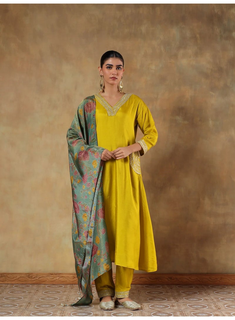 PRIYA’S PANACHE Mustard Shimmer Silk Embroidered Anarkali Kurta Set for Women with Dupatta – Indian Festive Wear - Image 1