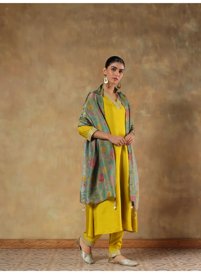 Priya’s Panache Mustard Yellow Mustard Shimmer Silk Embroidered Anarkali Kurta Set for Women with Dupatta – Indian Festive Wear for Women | Best Price UAE