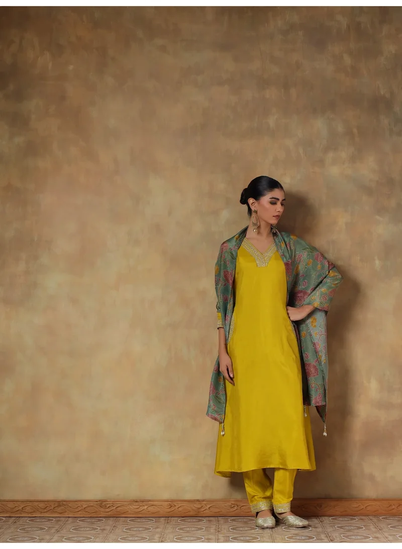 Priya’s Panache Mustard Yellow Mustard Shimmer Silk Embroidered Anarkali Kurta Set for Women with Dupatta – Indian Festive Wear for Women | Best Price UAE