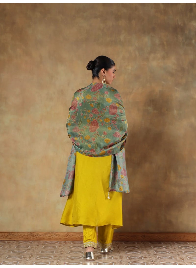 PRIYA’S PANACHE Mustard Shimmer Silk Embroidered Anarkali Kurta Set for Women with Dupatta – Indian Festive Wear - Image 5