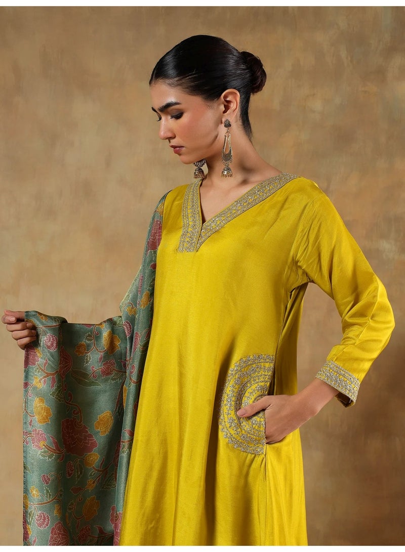 PRIYA’S PANACHE Mustard Shimmer Silk Embroidered Anarkali Kurta Set for Women with Dupatta – Indian Festive Wear - Image 3