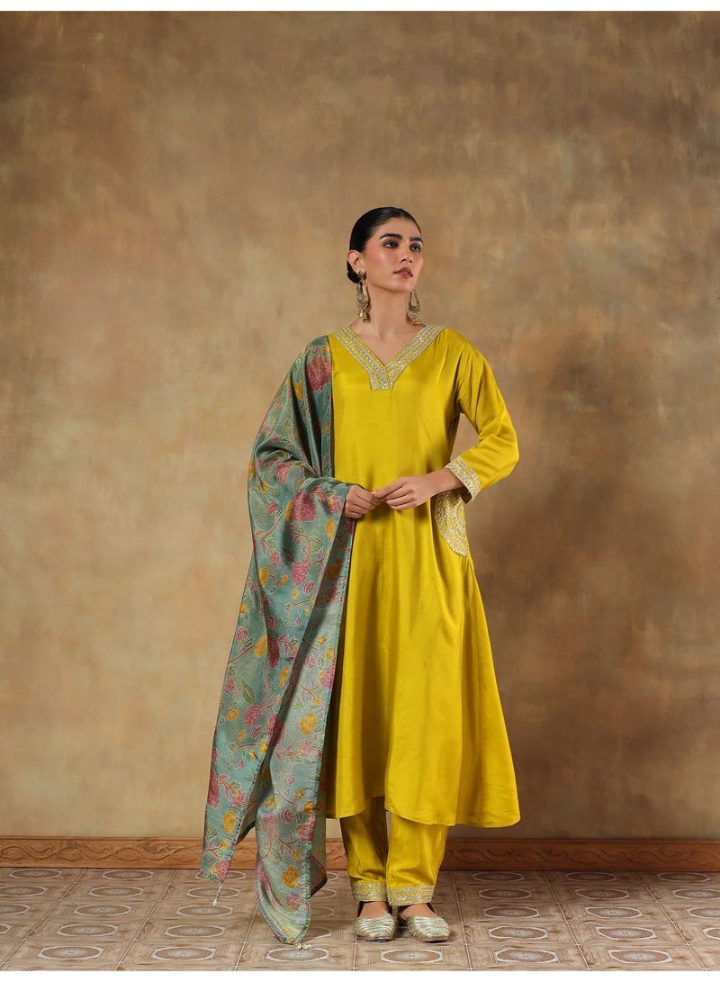 PRIYA’S PANACHE Mustard Shimmer Silk Embroidered Anarkali Kurta Set for Women with Dupatta – Indian Festive Wear - Image 4