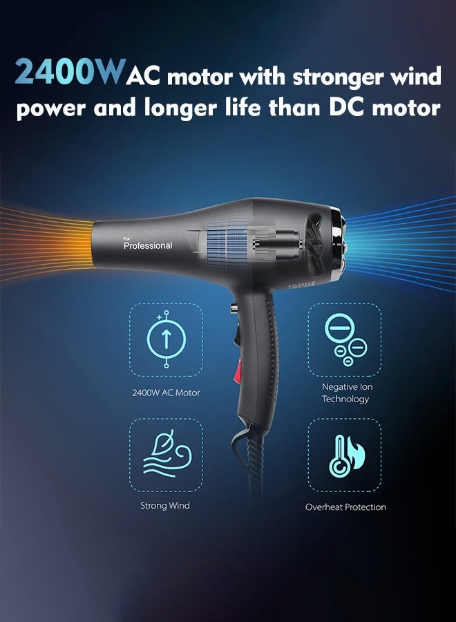 Faszin Professional Hair Dryer 2400W AC Motor Fast Drying Ion Hairdryer 2 Speeds 3 Heat Setting and One-Touch Cold Air with Diffuser Nozzle Concentrator Comb for Curly and Straight Hair - Image 3