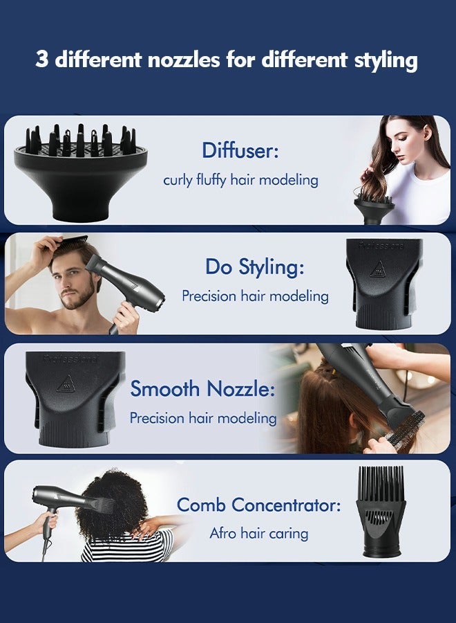 Faszin Professional Hair Dryer 2000W AC Motor Fast Drying Ion Hairdryer 2 Speeds 3 Heat Setting and One-Touch Cold Air with Diffuser Nozzle Concentrator Comb for Curly and Straight Hair - Image 3