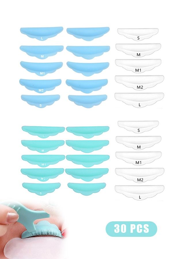30 Pcs Eyelash Perming Pads, Reusable Eyelash Perm Silicone Pads, 5 Sizes Eyelash Lift Rods Makeup Beauty Tool for Different Length Eyelashes Lifting (Blue+Green) - Image 1