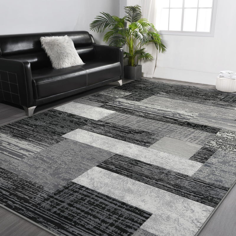 FlyDOIT Modern Geometric Patchwork Area Rug, 5x8 Grey Large Rugs for Living Room, Rockwood Collection Indoor Rugs for Bedroom, Throw Carpet Floor Decor for Entryway Dining Room Office Nursery - Image 2