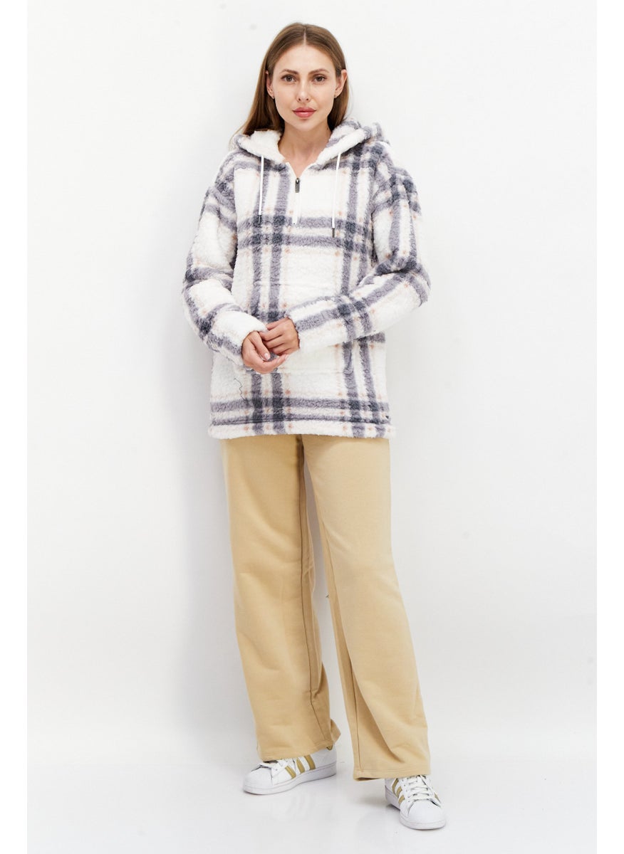 Marc New York Women Hooded Long Sleeve Half Zip Plaid Sweatshirt, Off White Combo  - Image 3