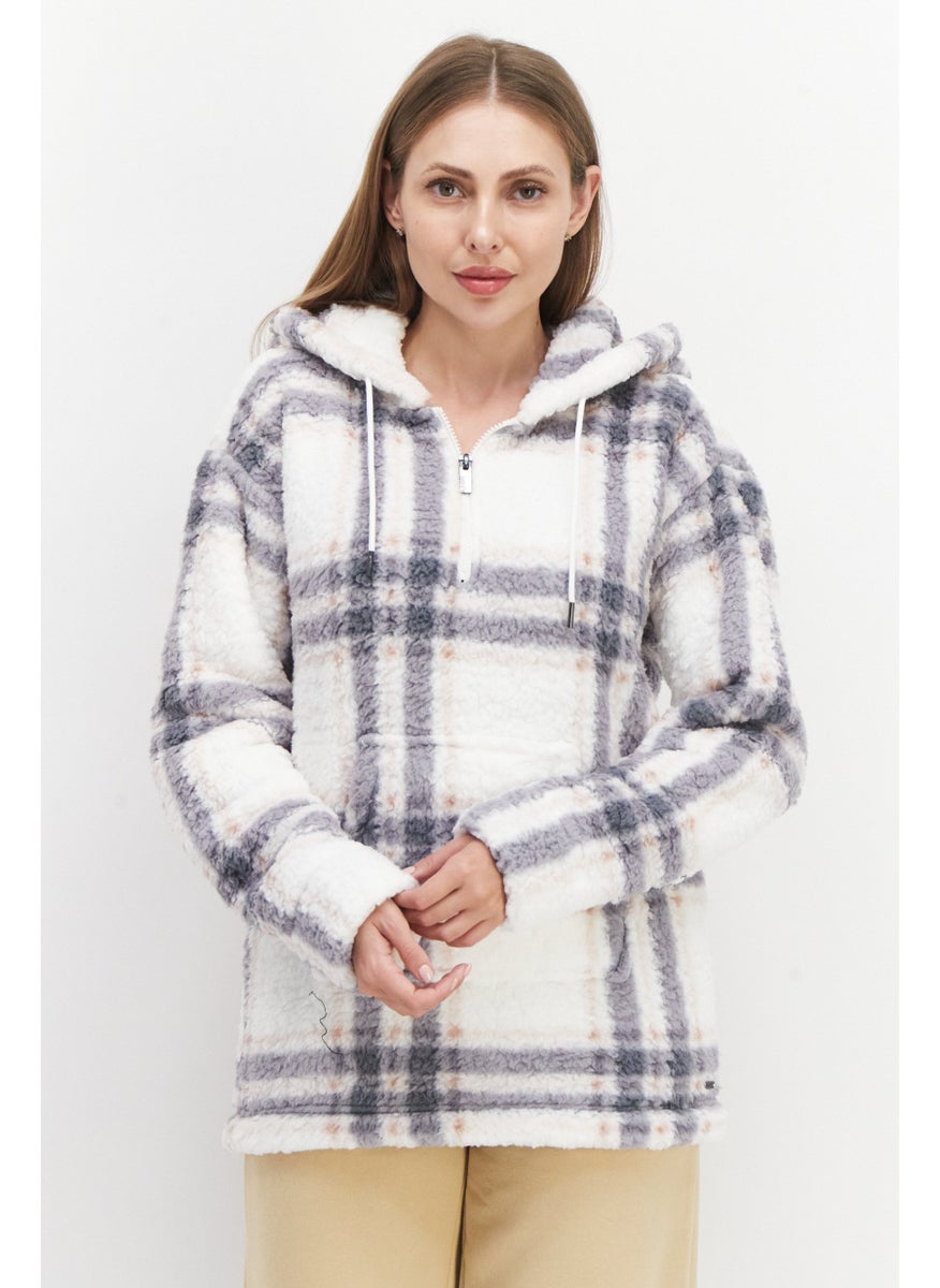 Marc New York Women Hooded Long Sleeve Half Zip Plaid Sweatshirt, Off White Combo  - Image 1