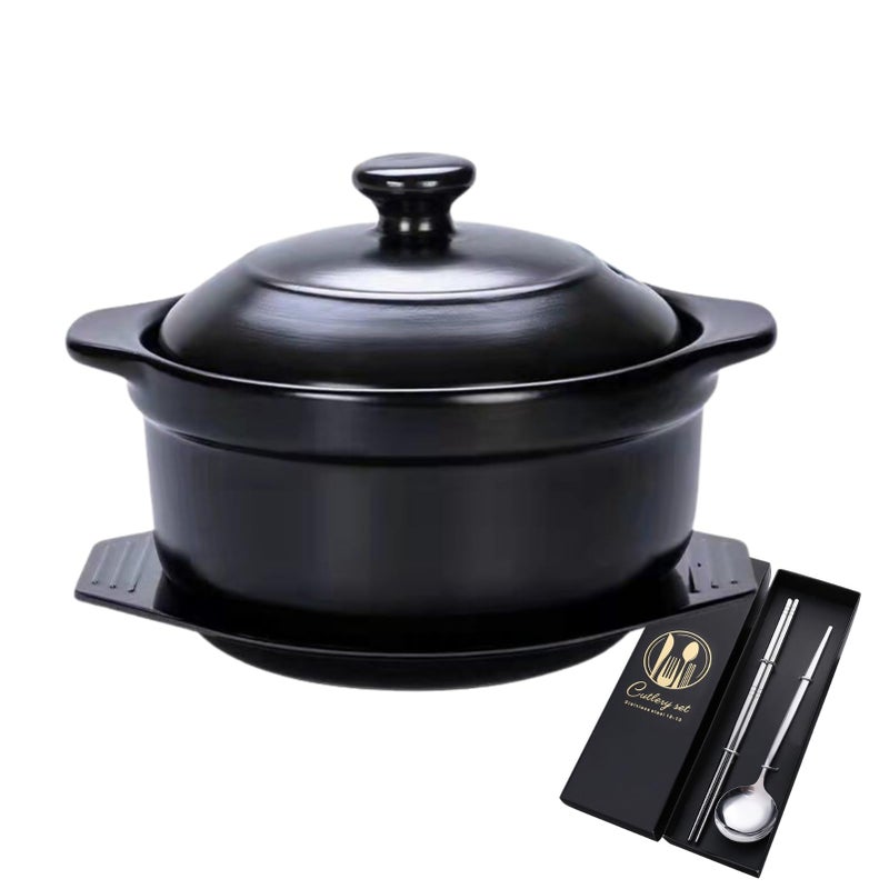 GOVNPJ Korean Stone Pot, Ceramic Sizzling Hot Pot for Bibimbap Korean Stone Bowl with Lid and Trivet 40 oz Clay Pot for Cooking, Korean Cooking Pot, 1200ml, Black, for 1-2 people - Image 1