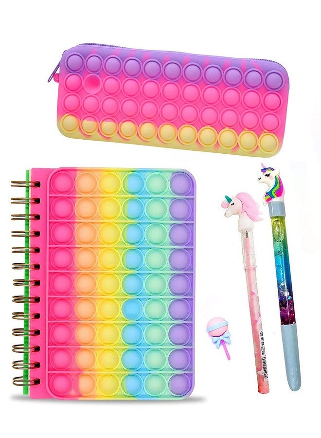 SAMVARDHAN 5pcs Pop It Fidget Diary Pop It Pencil Pouch with Stationery Unicorn Pen, Pencil and Desinger Eraser Birthday Gift Set School Stationer - Image 1