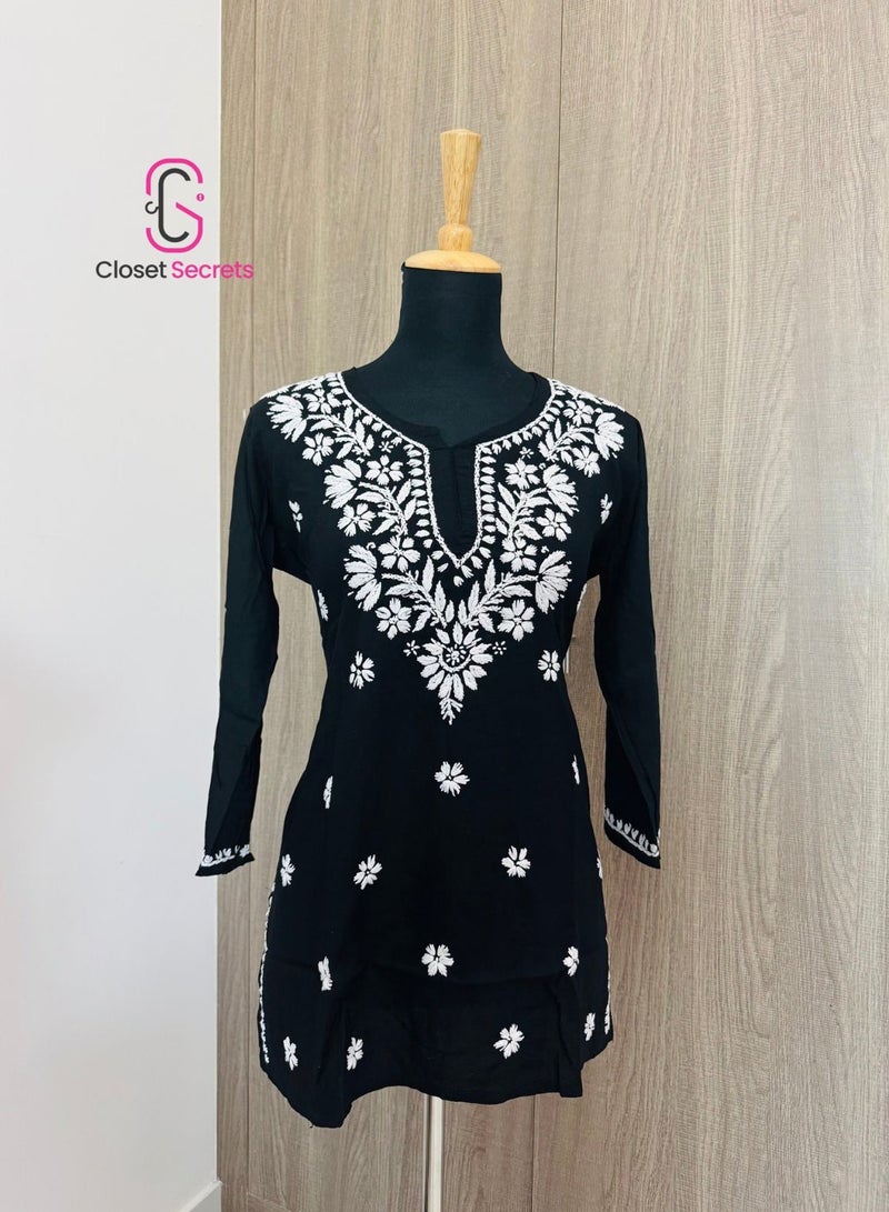 Closet Secrets Classic Black Cotton Mulmul Short Kurti – Handmade Chikankari  - Image 1