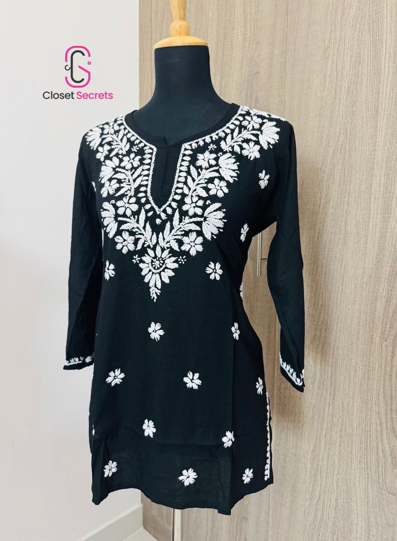 Closet Secrets Classic Black Cotton Mulmul Short Kurti – Handmade Chikankari  - Image 5