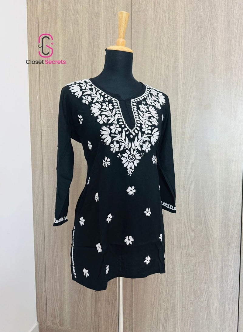 Closet Secrets Classic Black Cotton Mulmul Short Kurti – Handmade Chikankari  - Image 2