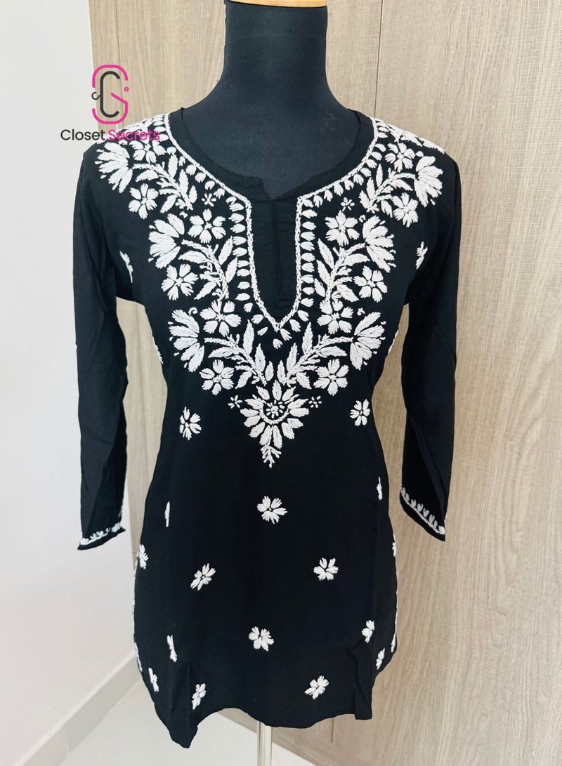 Closet Secrets Classic Black Cotton Mulmul Short Kurti – Handmade Chikankari  - Image 3